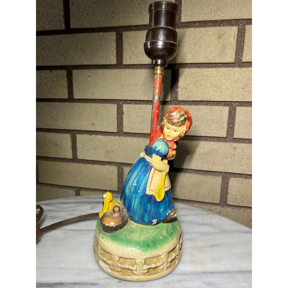 VTG Chalkware Nursery Lamp Girl in Blue Dress UNTESTED Mid Century